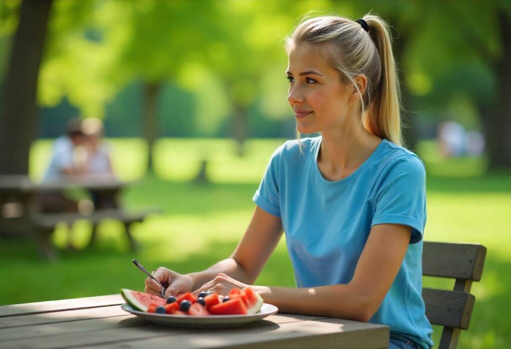 healthy woman eating water-rich fruits for staying hydrated.