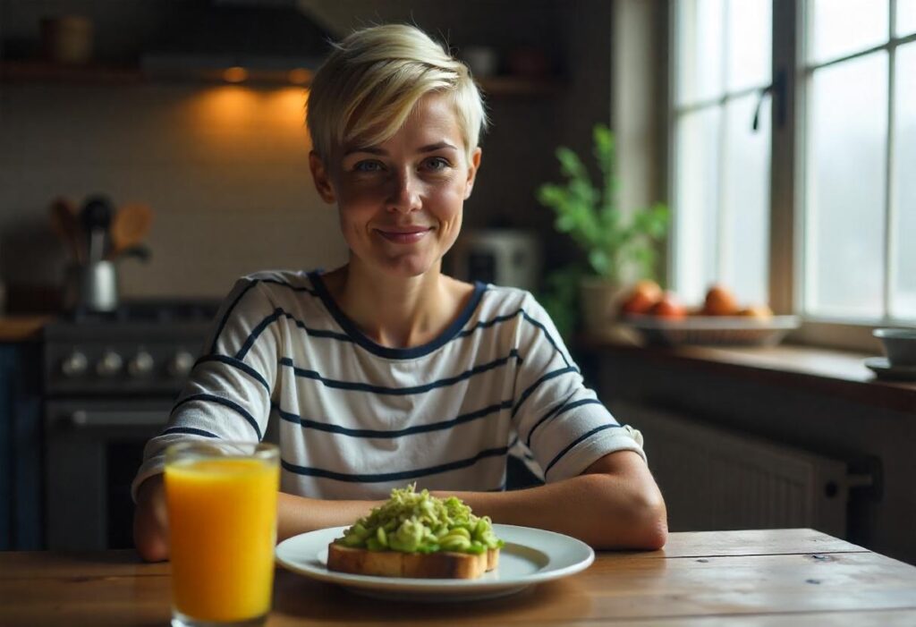 pretty woman eating superfoods for mood focus.