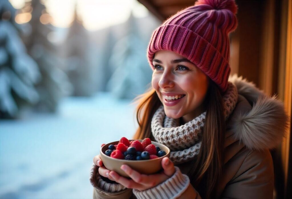 pretty woman in cold weather eating water-rich fruits and smiling.