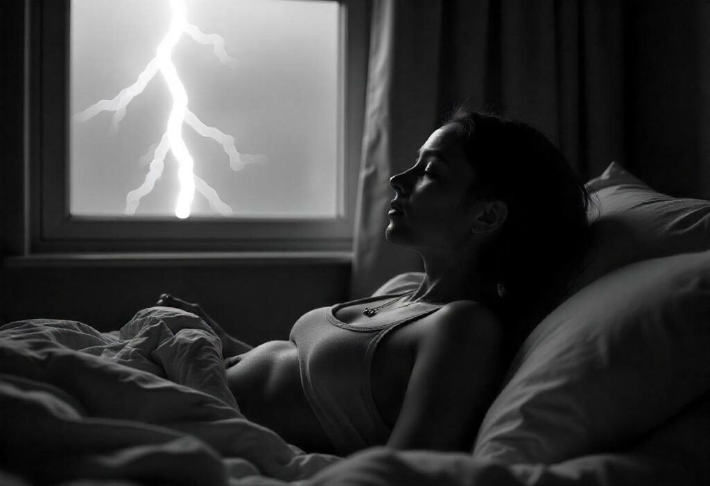 woman affected with sleep deprivation in a black storm background.