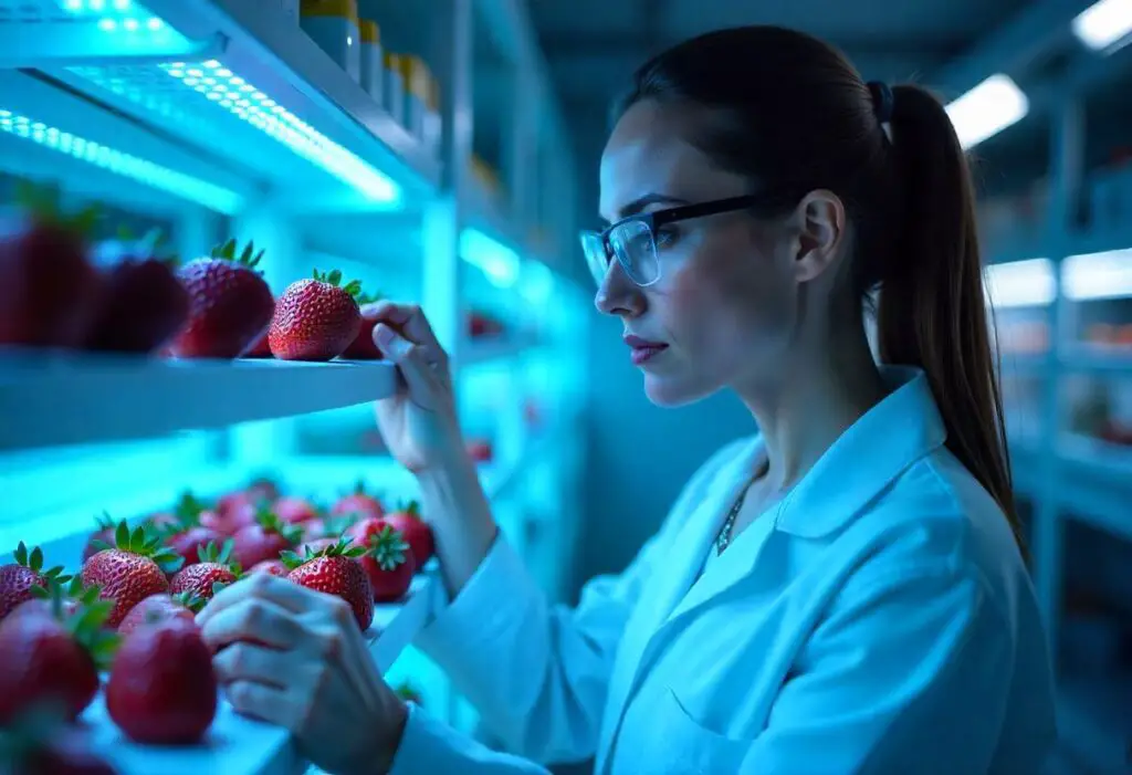 woman in glasses checking the lab-grown fruits