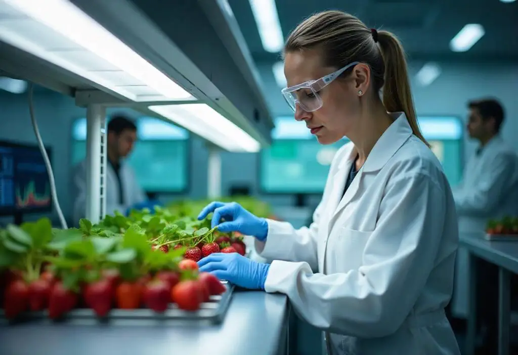 woman operating the lab-grown fruits