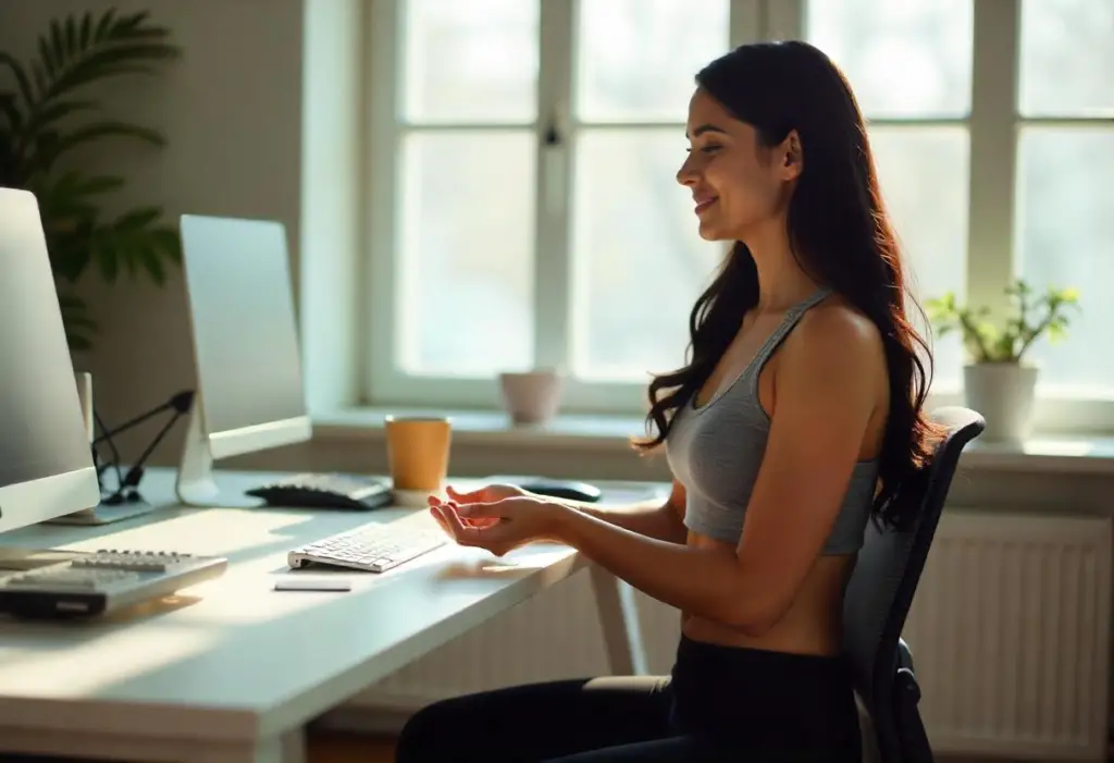 woman performing chair seated yoga in the office.