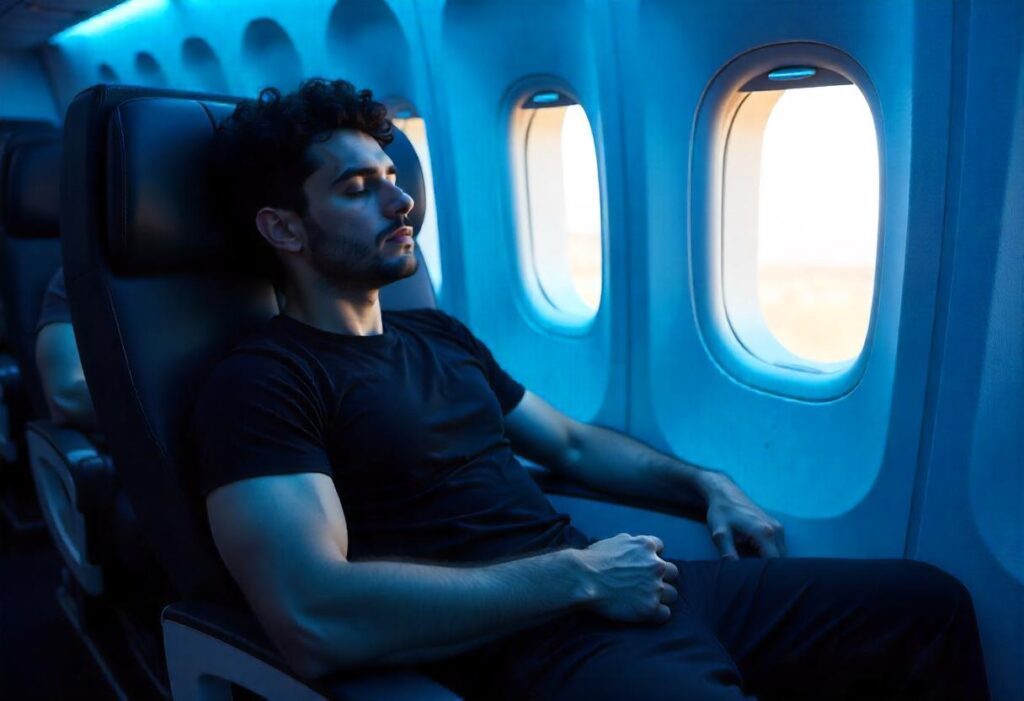 young man in airplane affected with sleep deprivation