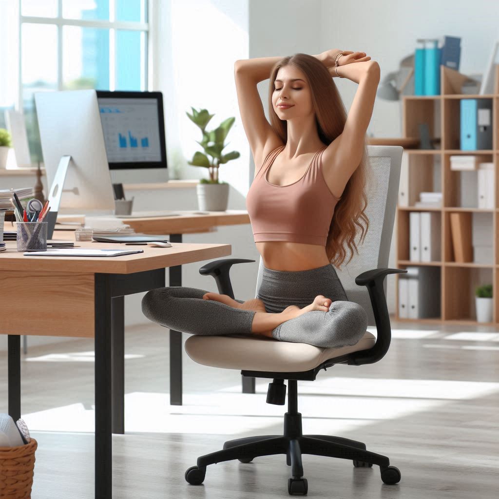 Young woman doing chair yoga in the office and enhancing workspace wellness.