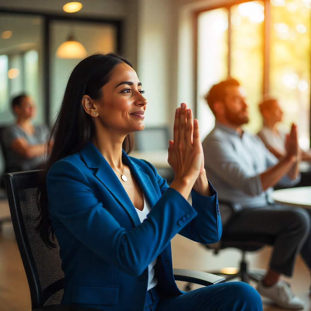 A diverse group of men and women employees, including a South Asian woman with long black hair in a blue business suit and a Caucasian man with short brown hair in a gray shirt, performing chair yoga stretches at their desk in a sunlit office during a summer afternoon.