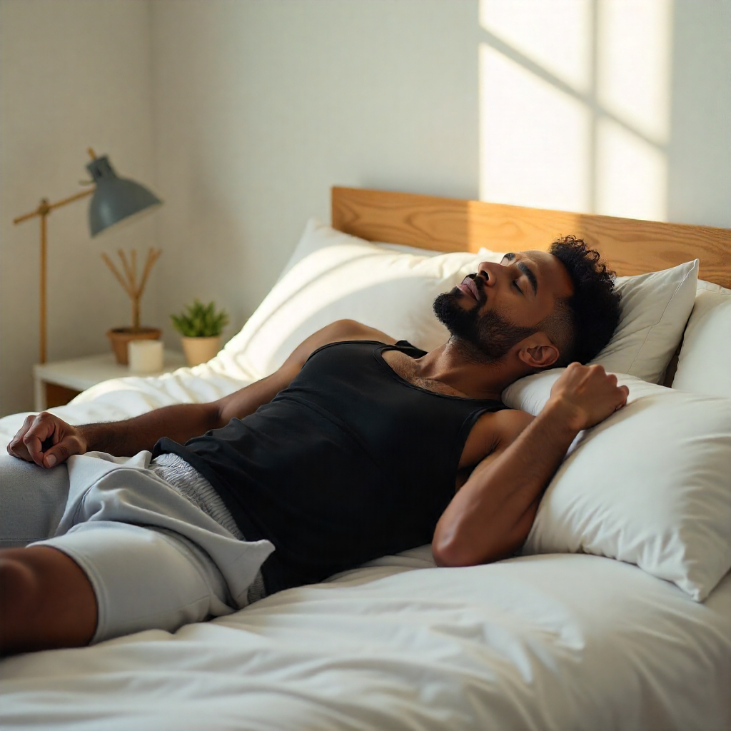 A young, healthy, fit, African-American man, active sleeping on a bed in gray athletic shorts and a black tank top, in a sunlit bedroom with white walls, morning light streaming through the window.