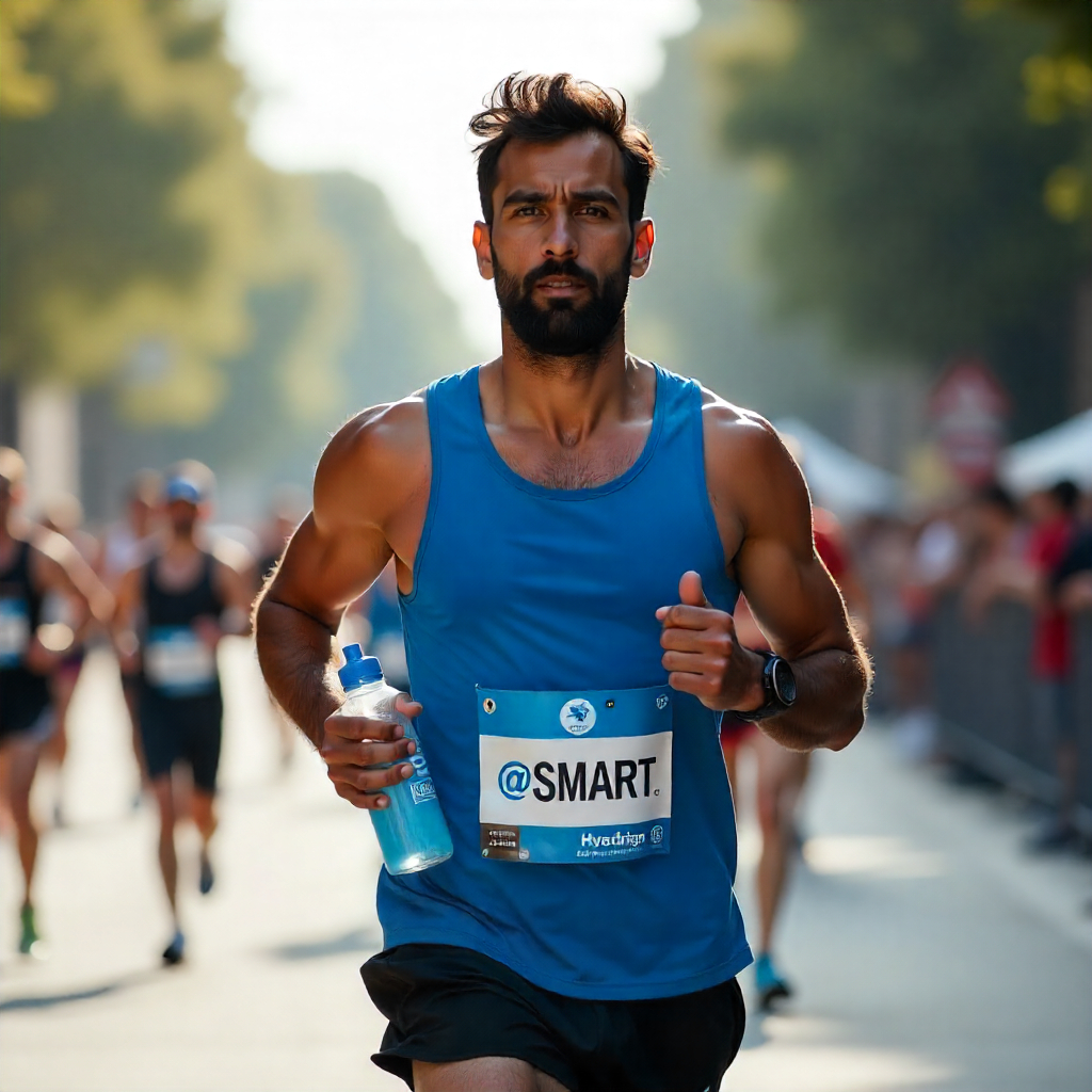 A South American male athlete, mid-run in a marathon, face glistening with sweat, holding a Smart Hydration water bottle, wearing a blue athletic tank top and black shorts, sunny day, urban setting, spectators cheering, shallow depth of field.