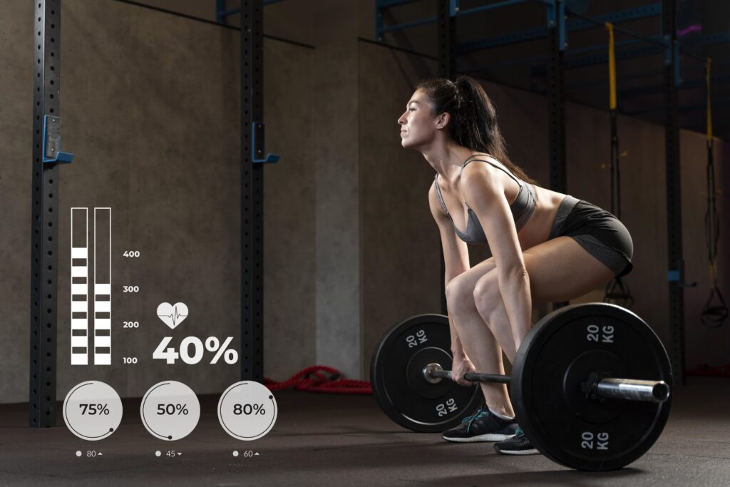 This image shows the functional strength stats around the fit woman.