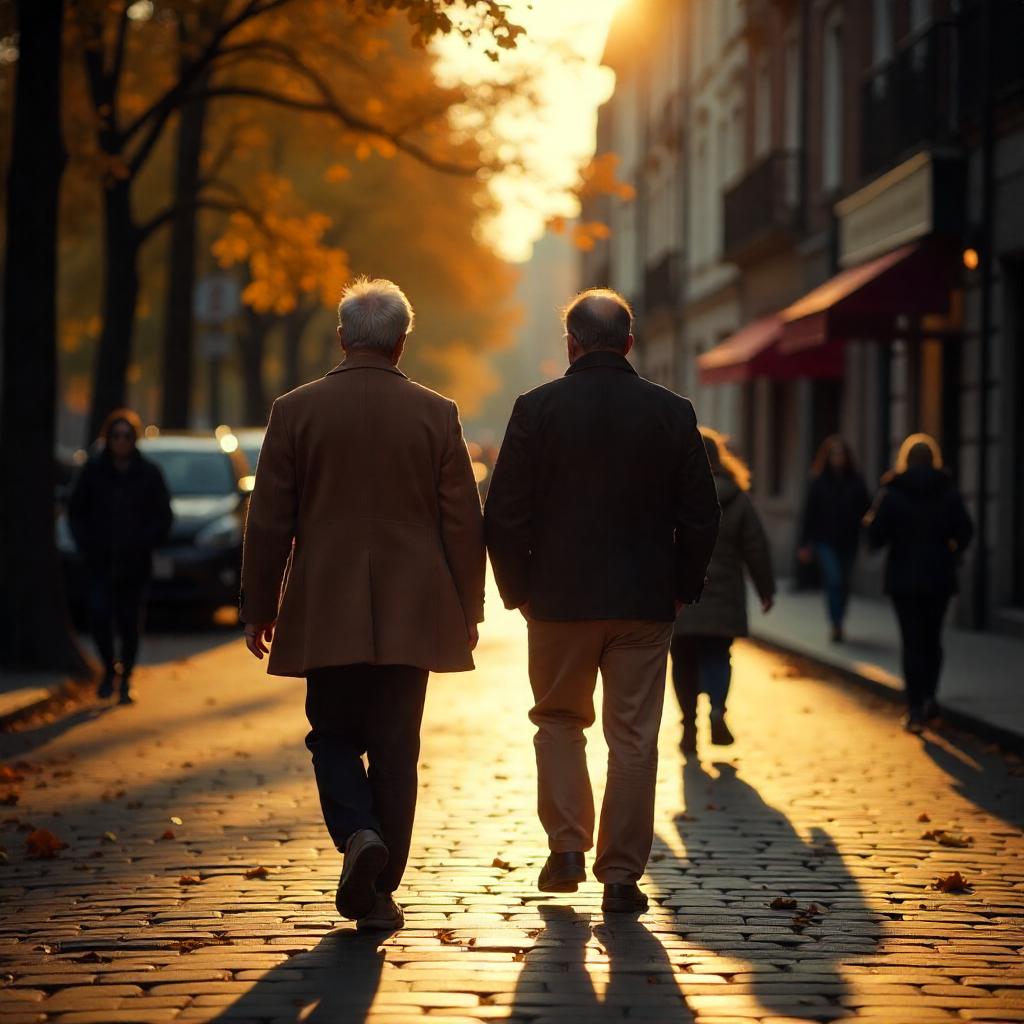 Walking on a cobblestone street in autumn for longevity of health, golden light, and a shallow depth of field.