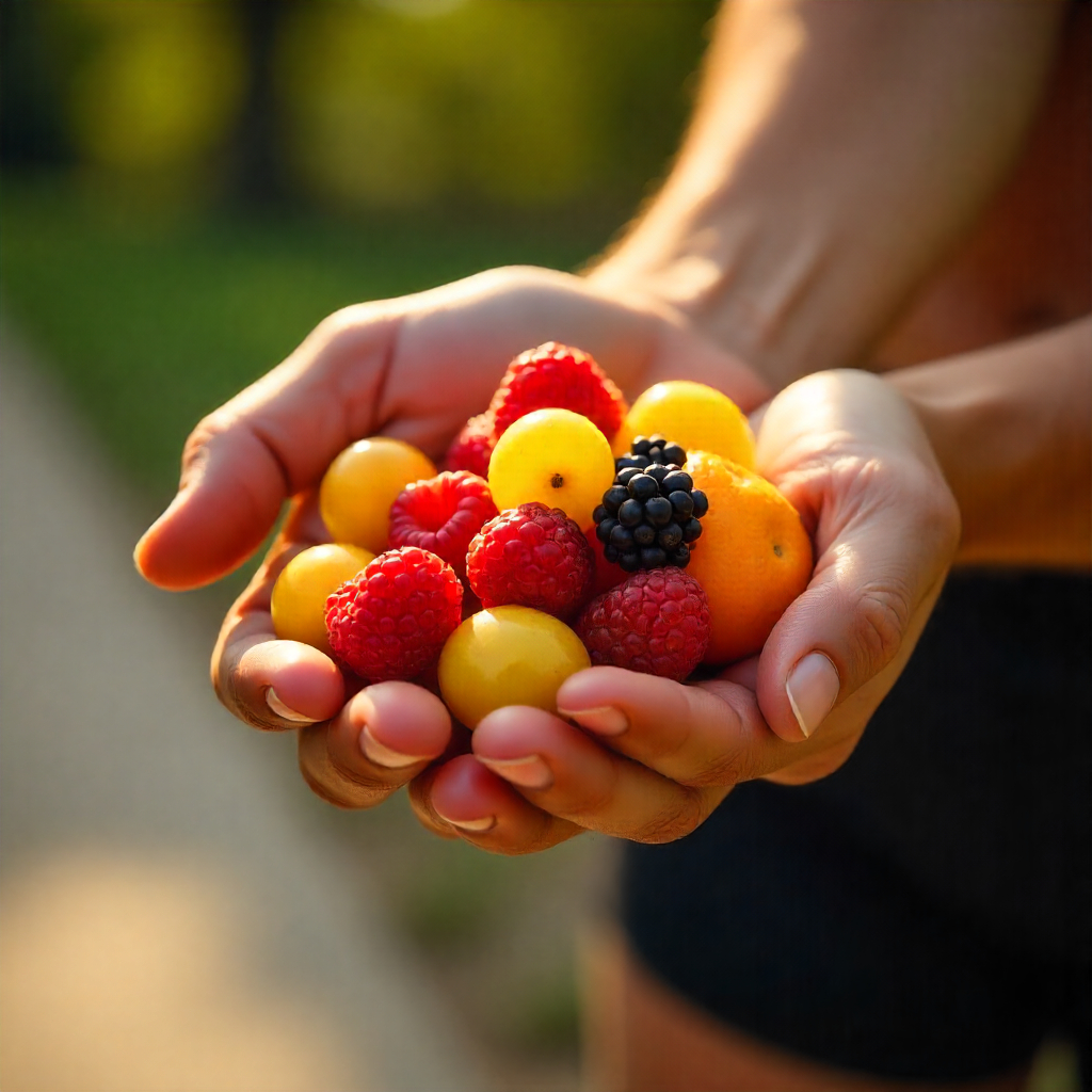 Athlete's hand holding a colorful mix of antioxidant-rich fruits after a training session, sunlit background.