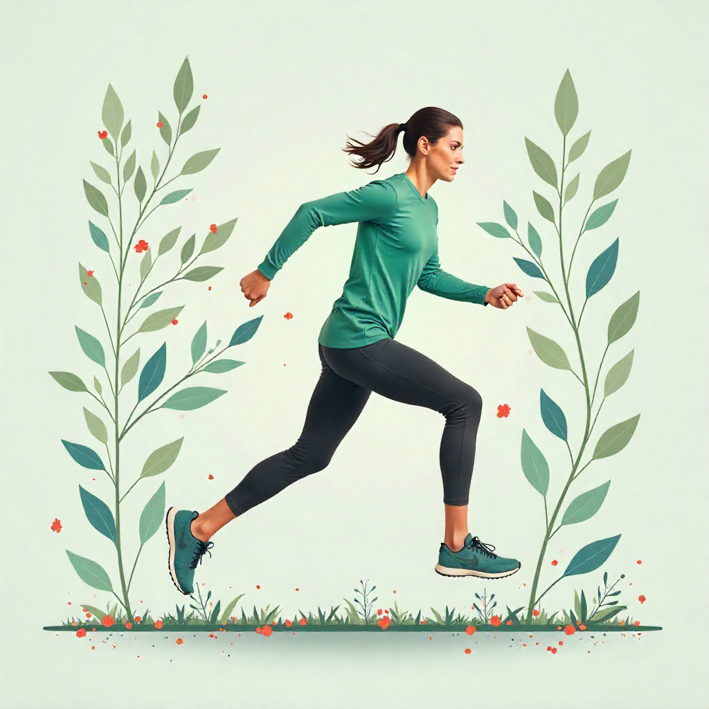 Woman running with energy surrounded by natural leafy designs, symbolizing movement quality and progress beyond a fitness plateau.