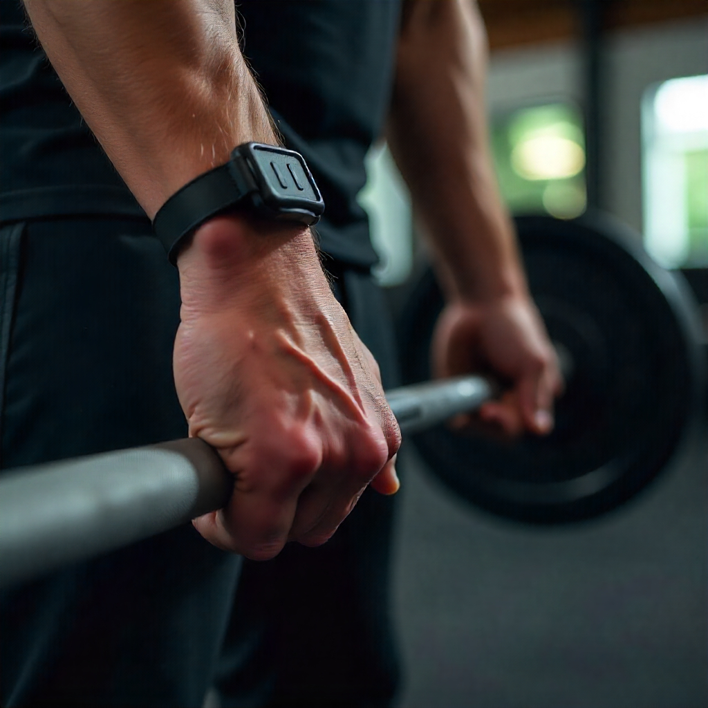 Strength training: Close-up of hands gripping barbell, veins popping, blurred background, high contrast, gym environment.