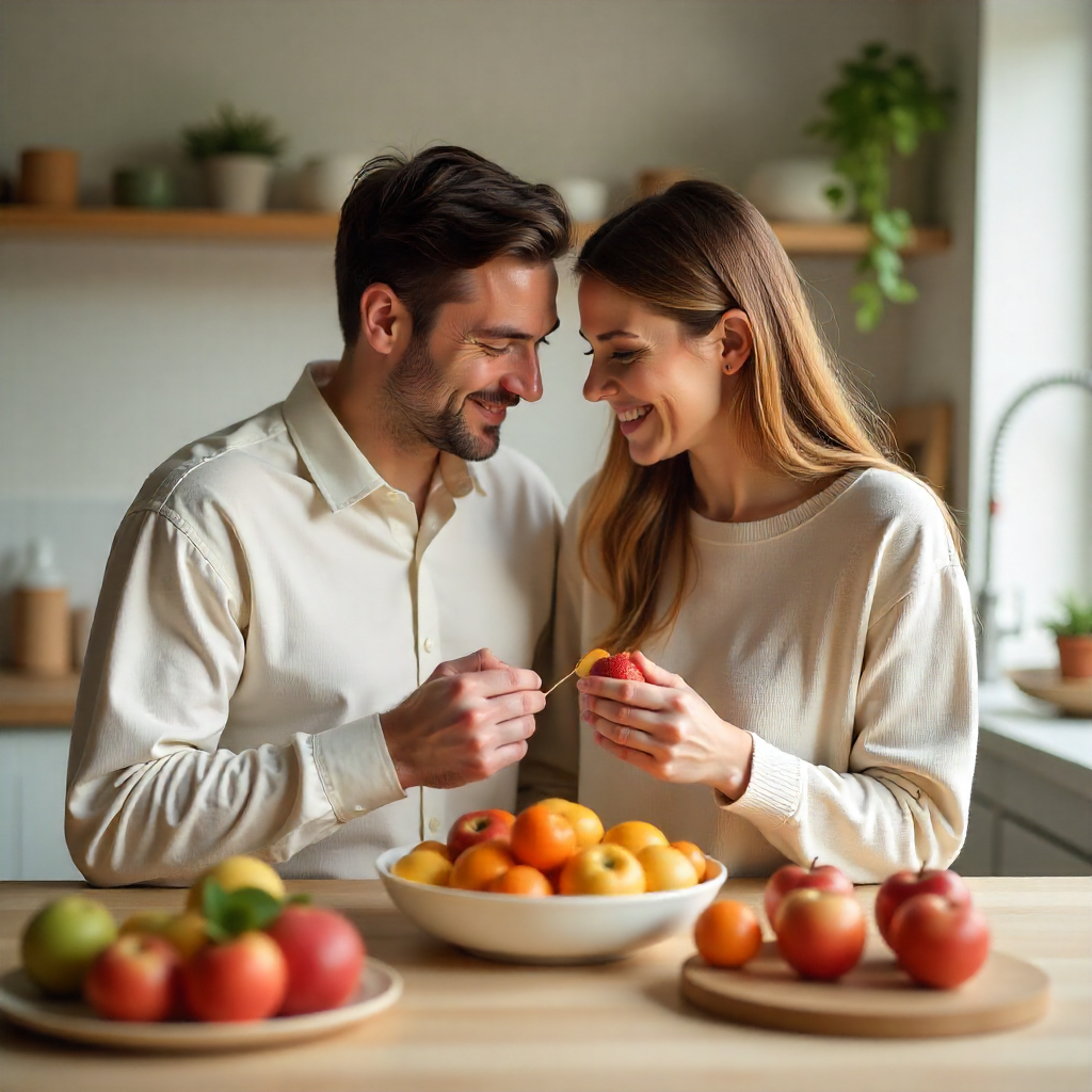 This image shows the happy and healthier couple eating the functional fruits in the kitchen.