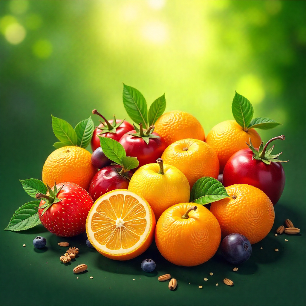 Luminous, vibrant healing fruits arranged in a circle, soft morning light, lush green background.