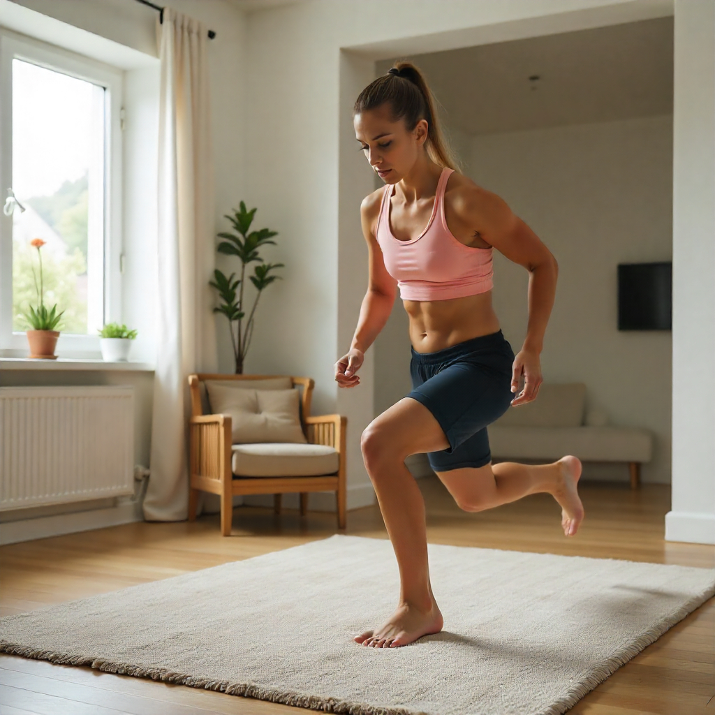 Healthy fit woman performing functional fitness workout at home.