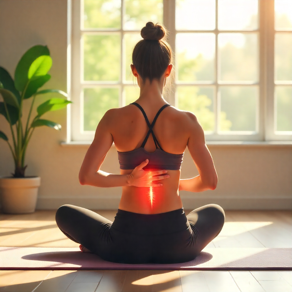 Functional fitness session alleviating chronic back pain, sunlit studio, yoga mat, soft focus.