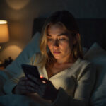 American beautiful white woman doing digital detox before bed at night, holding phone turned off, tired expression