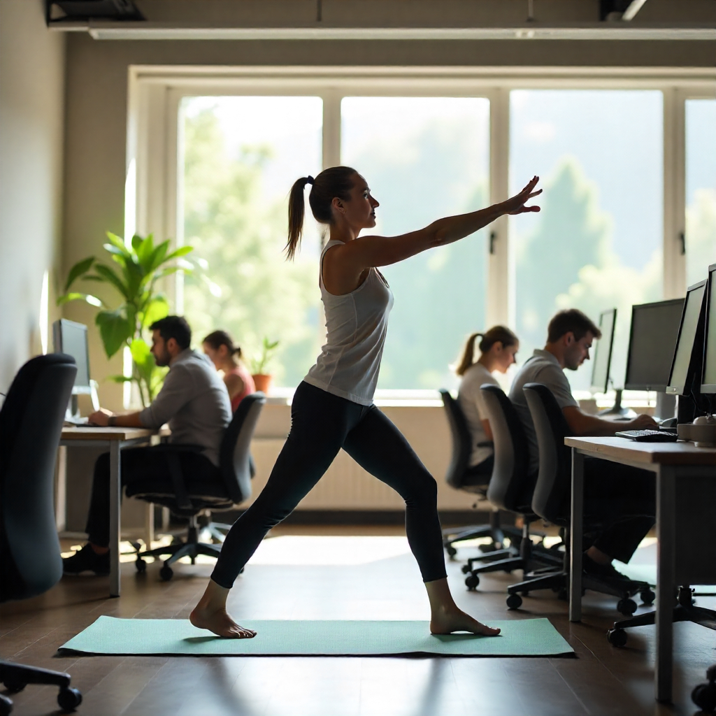 This image shows the woman performing small movement workouts in the office.