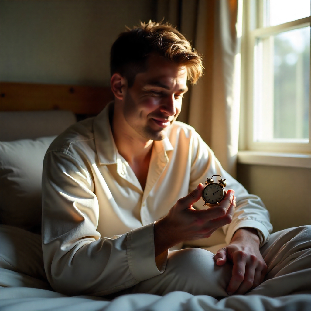 young man on bed holding a tiny brass clock in palm, casual pajamas, warm window light, simple bedding