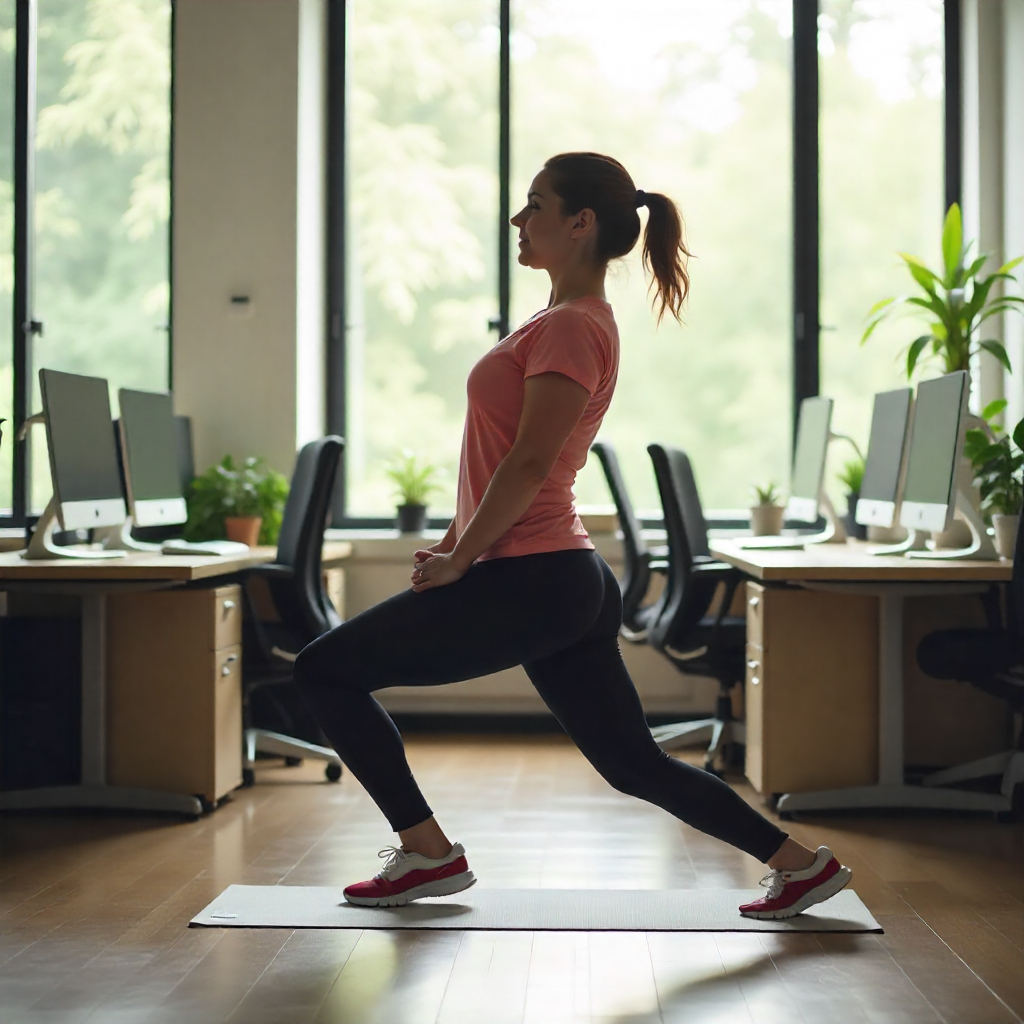 Woman employee doing small movement stretches in her workplace for better mobility.