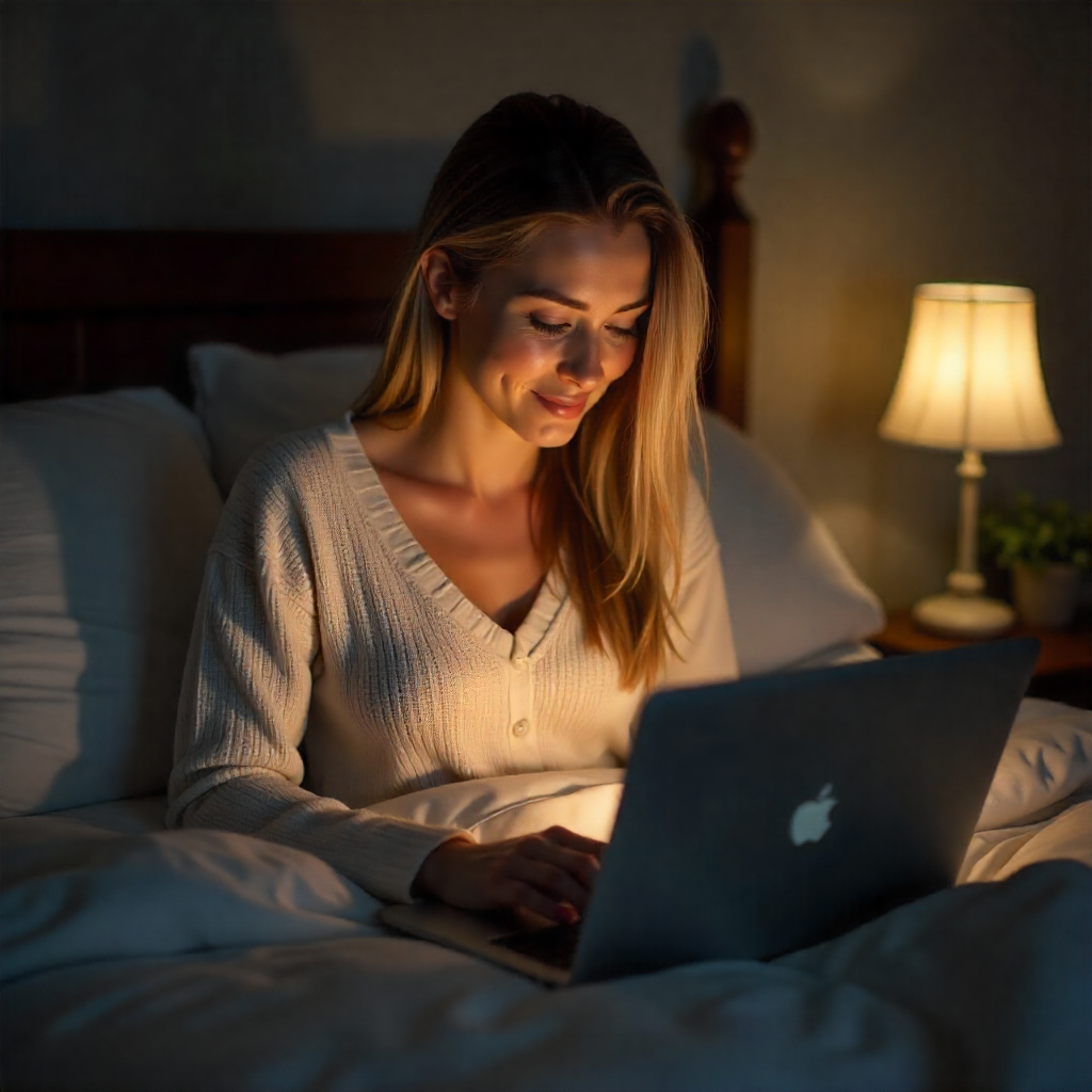 Beautiful woman using laptop at night, soft bedside lamp glow, cozy pajamas, relaxed expression.