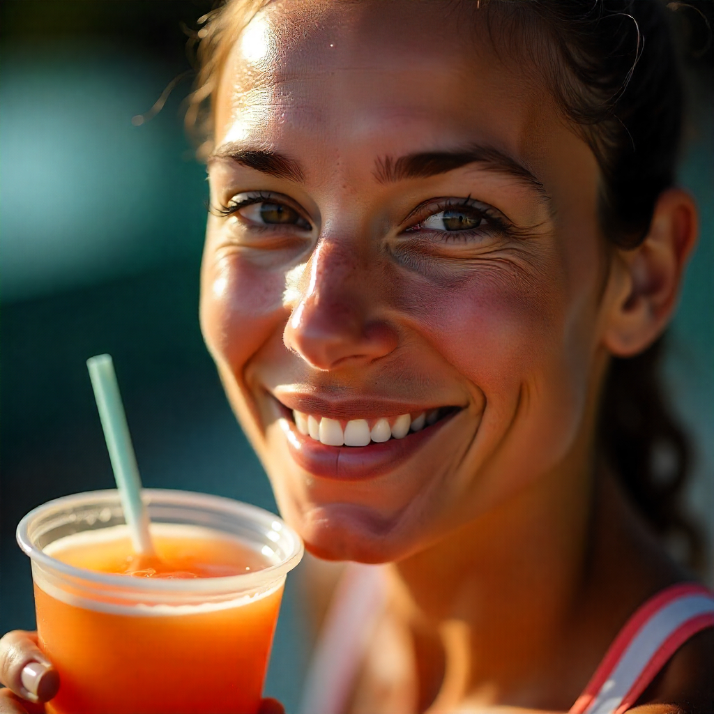 Close-up of a hydrated athlete's face, sweat glistening, serene expression, recovery drink nearby.