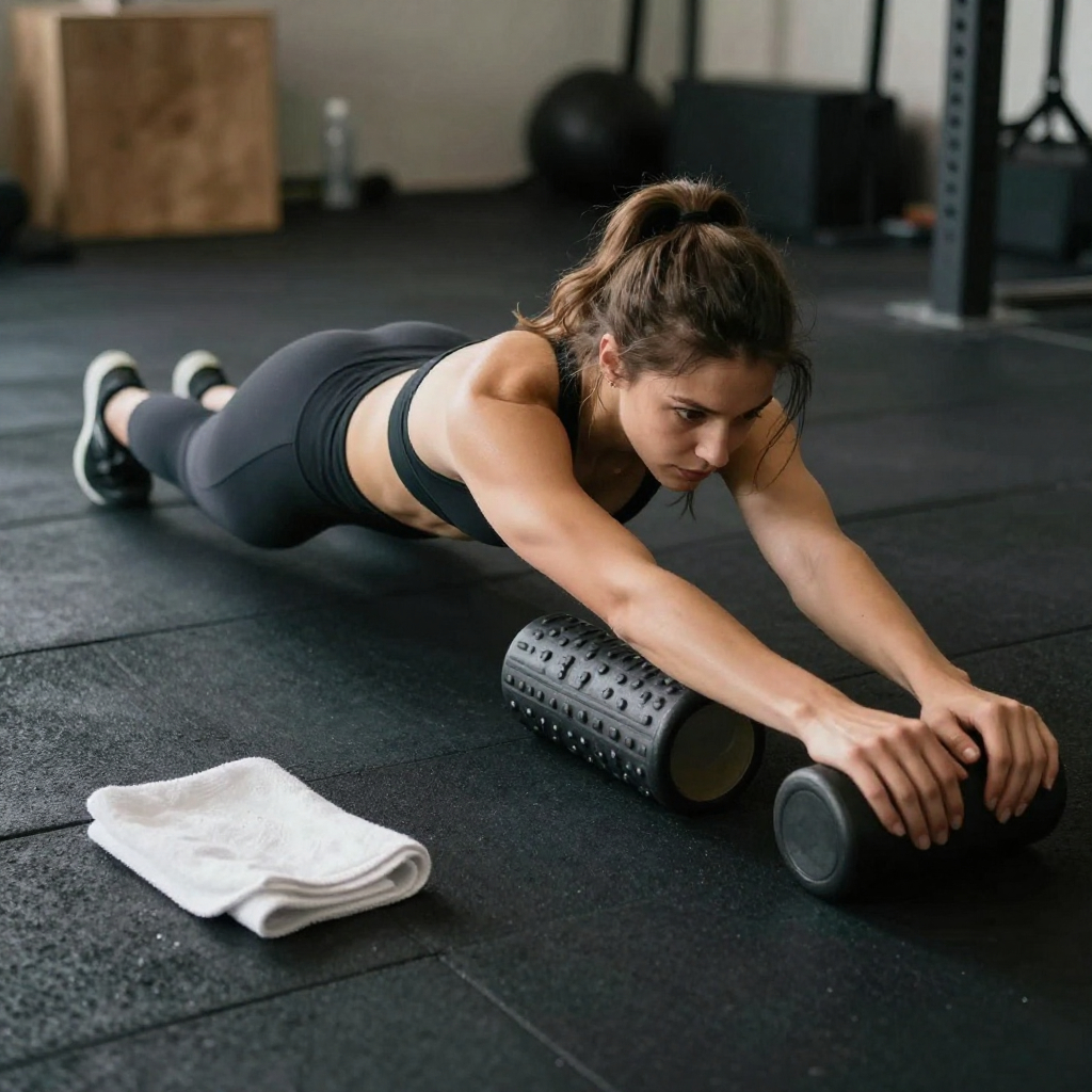 CrossFit Recovery of a young woman stretching on foam roller in gym, sweat towel nearby.