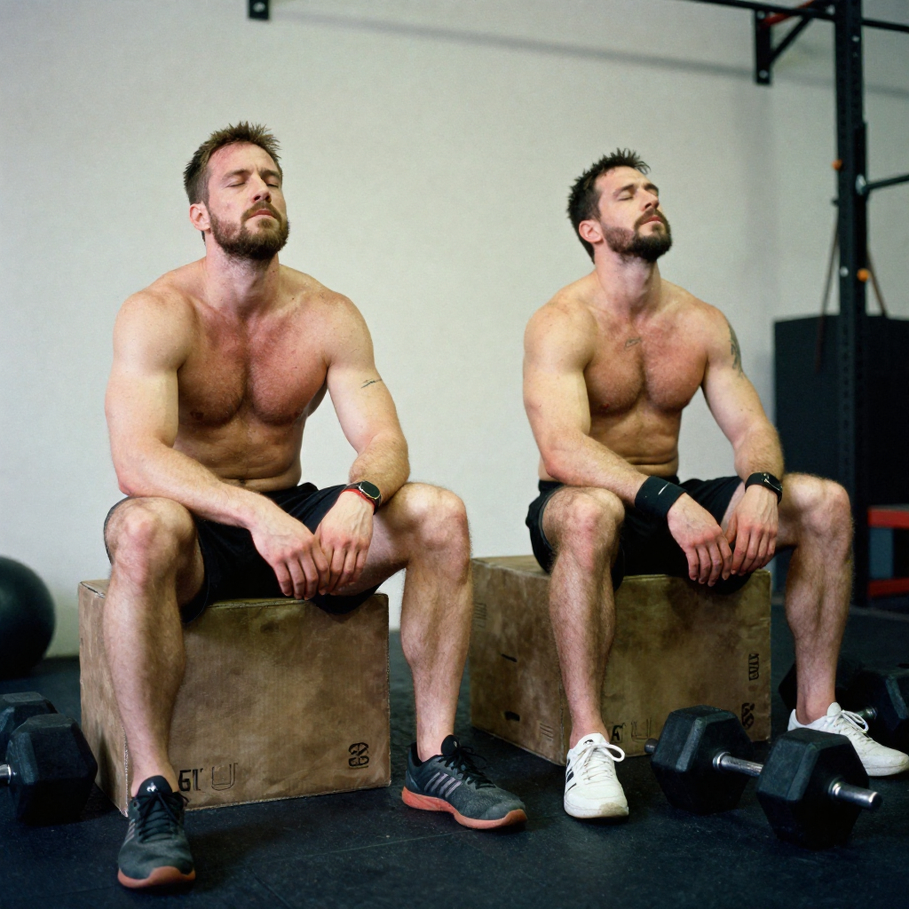 two CrossFitters recovering, sitting on boxes, deep breaths, visible muscle fatigue, dumbbells on floor
