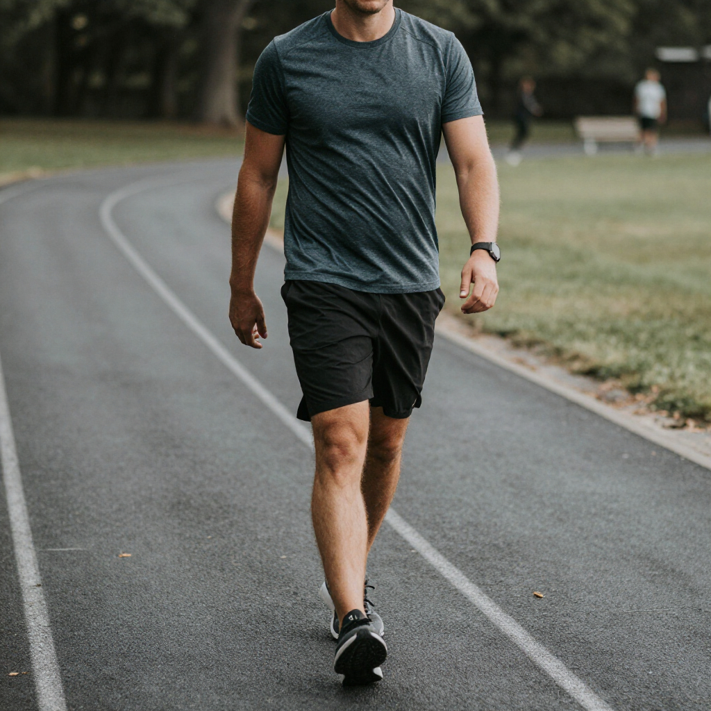 Low-intensity walking recovery for CrossFit athlete, relaxed stride on quiet track, breathable workout gear