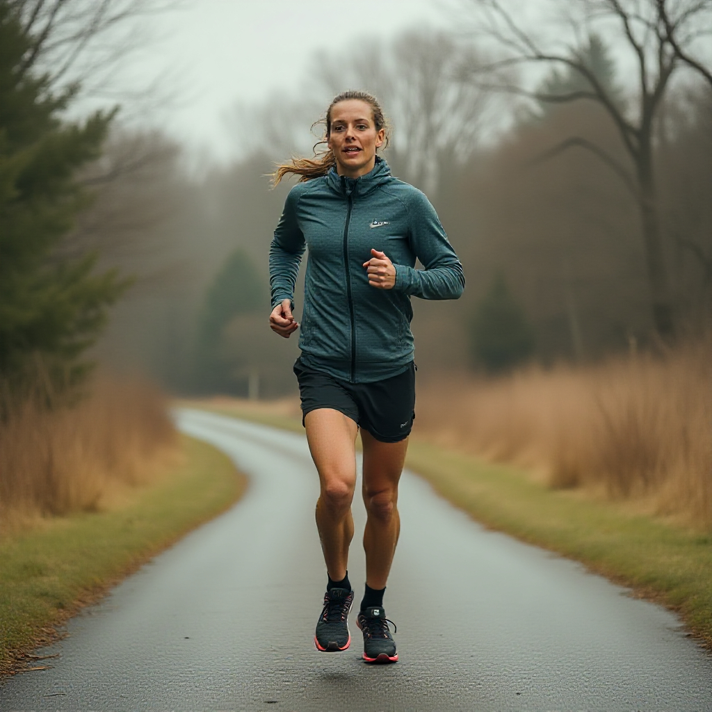 runner on paved trail Zone-2 Walking for CrossFit, steady pace, breathable training gear, smartwatch visible