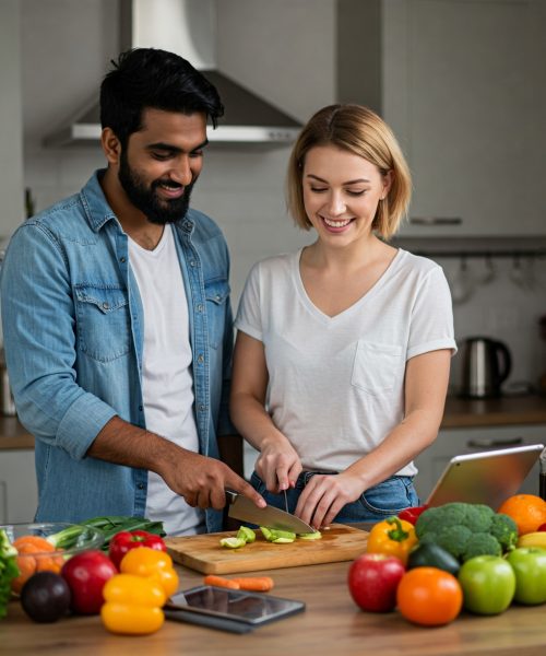 A young South Asian man with a beard and a Caucasian woman build Healthy Habits that sticks, in a bright kitchen. The woman is chopping vegetables, while the man looks at a recipe on a tablet.
